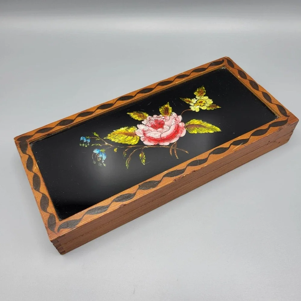 Vintage Handcrafted Box Glass Floral Reverse Painting Top Colorful Hinged